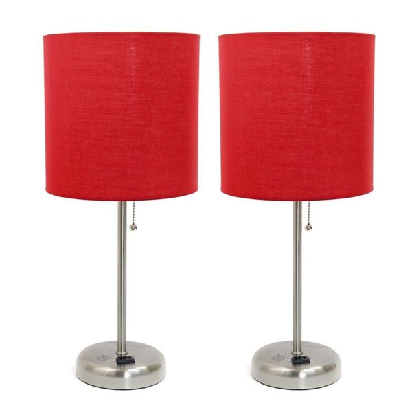 Diamond Sparkle Brushed Steel Stick Table Lamp with Charging Outlet & Fabric Shade, Red - Set of 2 DI2519786